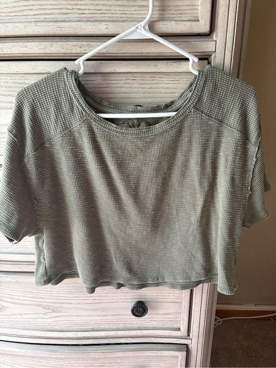 aerie Tops - 100% Cotton Aerie Waffle Knit Cropped Short Sleeve Tee Olive Green Fall Top